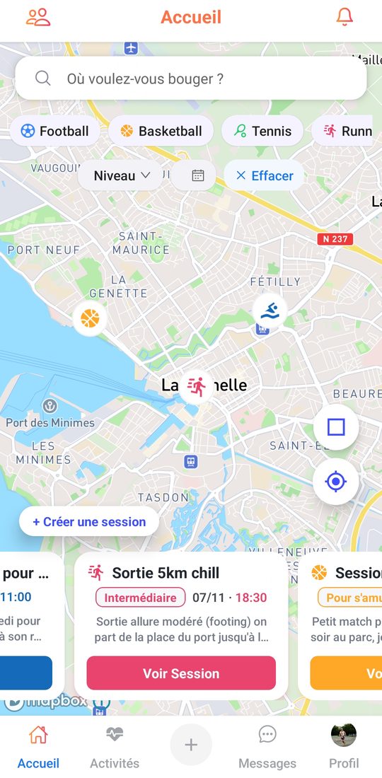 Écran d'accueil d'Unite avec la carte des sessions autour de La Rochelle