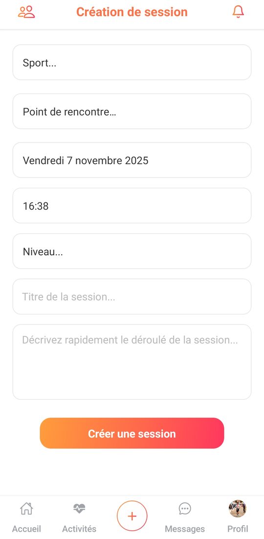 Écran de création d'une session de sport